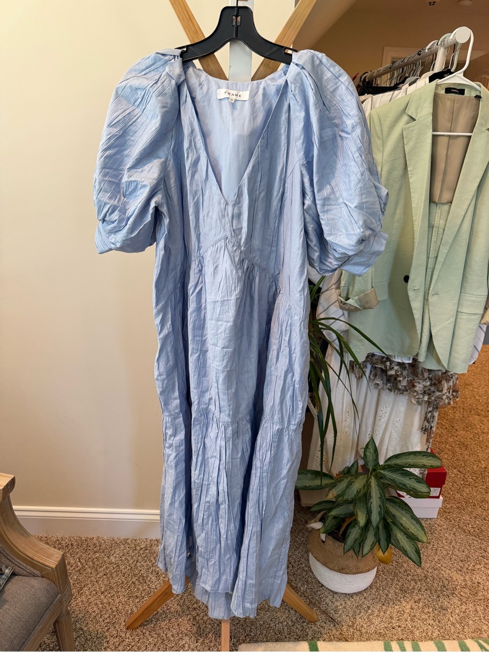 Frame Light Blue Puff-Sleeve Maxi Dress